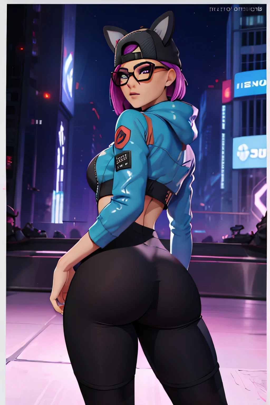 Traje de lince cyberpunk, gorra, shorts negro con leggins Azul Marino, chaqueta azul marino ,Extremadamente detallado, rostro detallado, gafas ,hermoso rostro, ojos finos, looking back at the viewer, pose femenino, Noche 