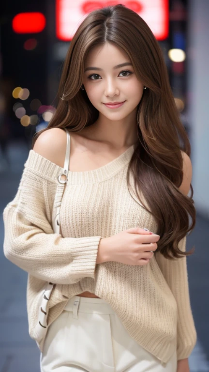 highest quality,masterpiece,超A high resolution,RAW Photos,One Girl,Loose permed hair、length、brown hair、Arms crossed、Japanese、Loose permed hair、length、brown hair、smile、Arms crossed、Professional photography、Same skin type as humans、A woman dressed in Japanese clothing from head to toe、Blur the background、Anatomical accuracy、Very detailed and beautiful、Ultra HD、length、Her hair is flowing and sexy、Very detailed beautiful girl、Shoulder-length hair、sweater、Shibuya Sky、Shibuya Skyの夜景、White pants style