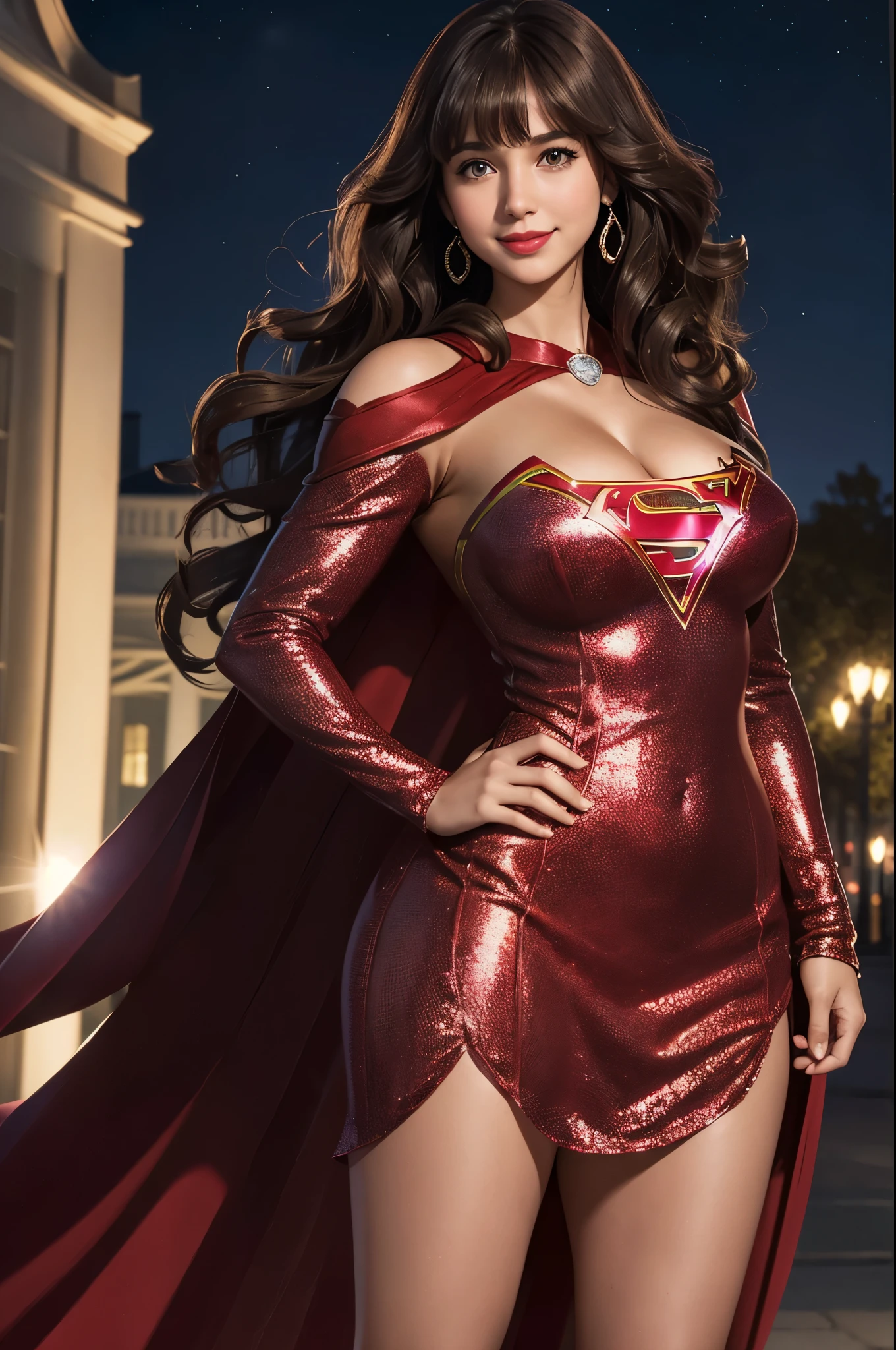 Supergirl, 27 years old, full body view, full body view, full body view, Beautiful woman shoulder length curly brunette hair, two side up with bangs, ringlets, shoulder length curly brunette hair with bangs, two side up, ringlets, shoulder length curly brunette hair with bangs, two side up, ringlets, defined body, (large_breasts:1.5) Red lipstick, smiling slightly, hands free, standing facing camera, (( jeweled sparkling red long sleeve long dress of Supergirl )), in front of The White House at night (curvy:1.2)