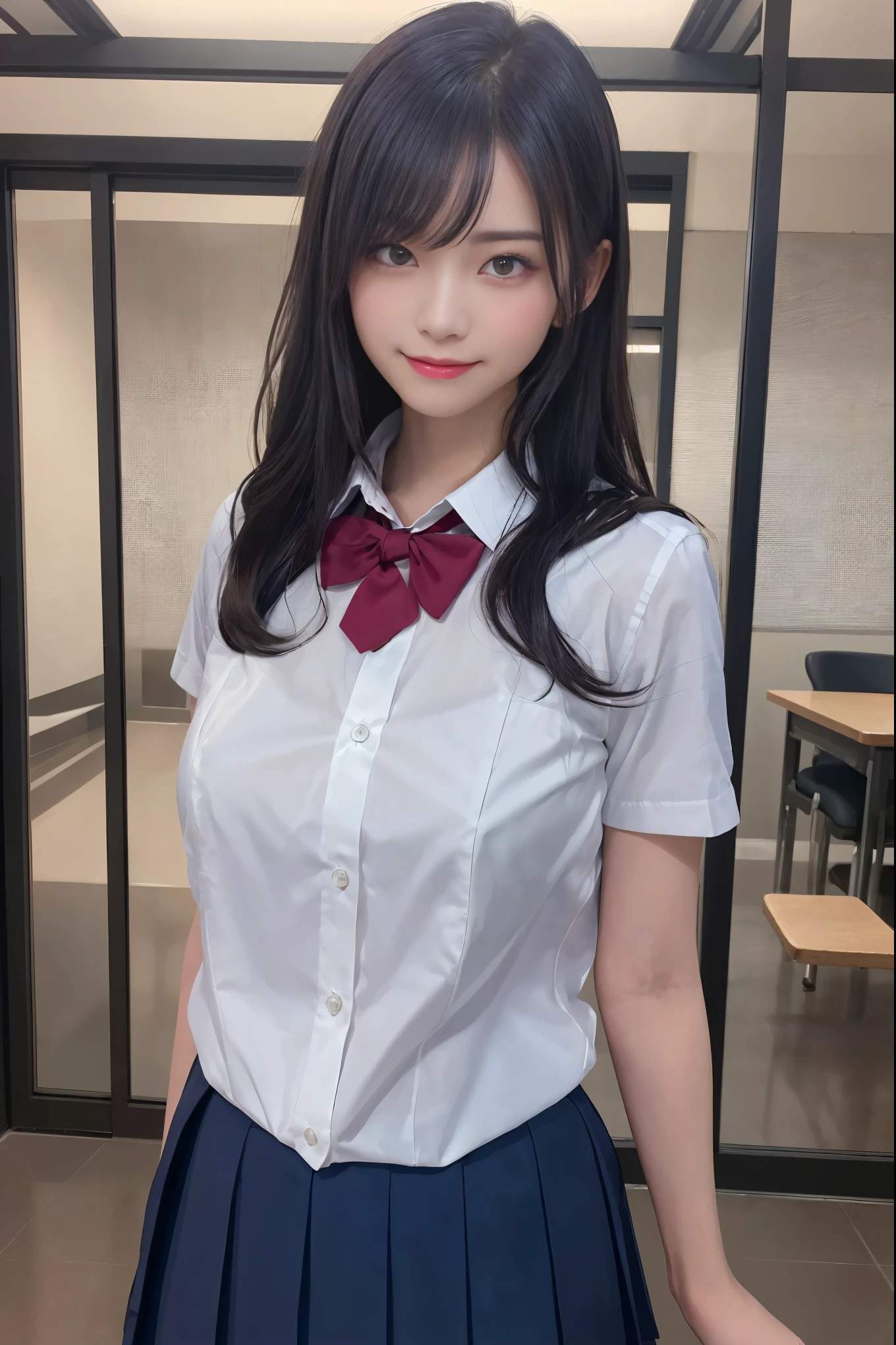 8K,highest quality, Tabletop, Very detailed, 超A high resolution, Realistic, Raw photo, Absurd, Absolute Resolution, 1 girl, Upper body shot, Watching the audience,Young beautiful Japanese woman, Super cute face, Gorgeous appearance, big breasts,Long Bob Hair,smile,(school uniform:1.3),Beautiful Eyes,(It's windy:1.3), 混雑した道をsmileで歩く,Glossy lips, Double eyelids on both eyes, Natural Makeup, Long eyelashes, 艶やかで滑らかなライトブラウンのLong Bob Hair, Asymmetrical bangs, Glowing Skin, Center image, High resolution, High Detail, Detailed hairstyle, Detailed face, Great cinema lighting, Octane Rendering, Vibrant, 超Realistic, Perfect limbs, Perfect Anatomy