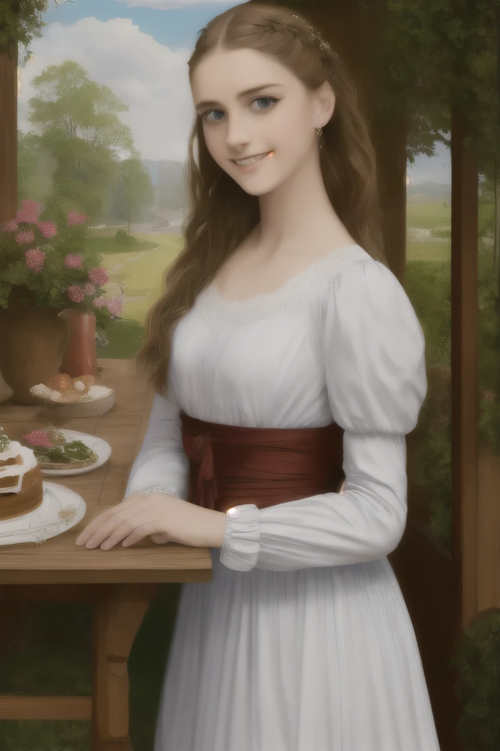 (Masterpiece, Superb, Super Detailed, High Resolution)), solo, beautiful girl RUSSIAN IN BRAIDS, bright eyes, perfect eyes,there are two women standing at a table with a cake, mary jane ansell, nick alm, by Emile Lahner, romantic era painting, inspired by Antonio Ciseri, art style of john collier, tuomas korpi bouguereau, art of emile eisman - semenowsky, inspired by Henryk Siemiradzki, victorian era painting, epic Masterpiece, ultra highest quality, ulra highest resolution, ulra high-definition, distinct_image, very elaborate CG, cinematic lighting, ray tracing, drop shadows, detailed detail, (photorealistic: 1.4), ultra high quality textures, fine-grained, realistic face expression): (lone girl, face is Japan, brown short hair, small size breasts, sparkling eyes, Eye level shot, happy smile, beauty, slim body, holiday,4k、futuristic image、real、concert hall、Many people、back view、Hologram Art、very detailed、wide angle lens、damp medieval town、3D hologram、projectolm、geometric、Vibrant and fantastic plants、big house、anime background、