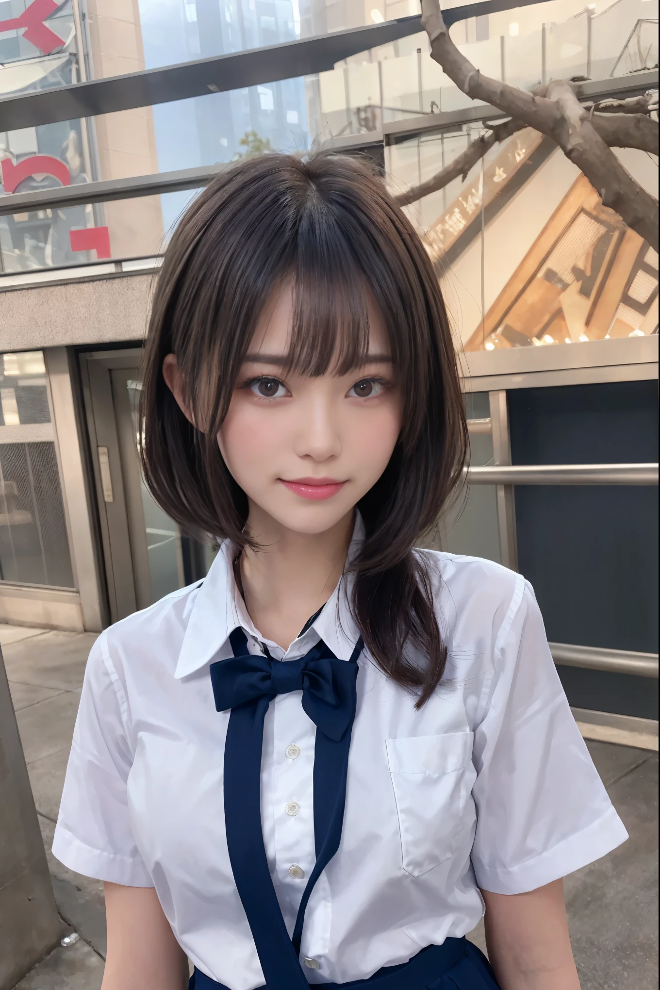 8K,highest quality, Tabletop, Very detailed, 超A high resolution, Realistic, Raw photo, Absurd, Absolute Resolution, 1 girl, Upper body shot, Watching the audience,Young beautiful Japanese woman, Super cute face, Gorgeous appearance, ,Long Bob Hair,smile,(school uniform:1.3),Beautiful Eyes,(It's windy:1.3), 混雑した道をsmileで歩く,Glossy lips, Double eyelids on both eyes, Natural Makeup, Long eyelashes, 艶やかで滑らかなライトブラウンのLong Bob Hair, Asymmetrical bangs, Glowing Skin, Center image, High resolution, High Detail, Detailed hairstyle, Detailed face, Great cinema lighting, Octane Rendering, Vibrant, 超Realistic, Perfect limbs, Perfect Anatomy