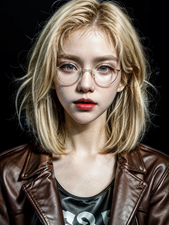 masterpiece，Best quality at best，A high resolution，8K，((Portrait)),1girl,short blonde hair,thick chest,golden glasses, thick lips,red lips,light open her mouth,black tank top,leather jacket,upper body