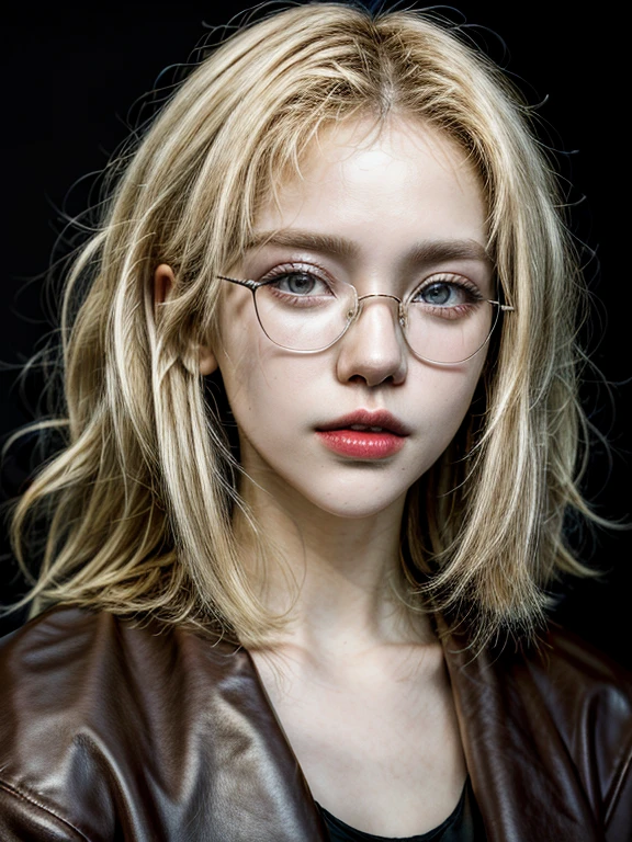 masterpiece，Best quality at best，A high resolution，8K，((Portrait)),1girl,short blonde hair,thick chest,golden glasses, thick lips,red lips,light open her mouth,black tank top,leather jacket,upper body