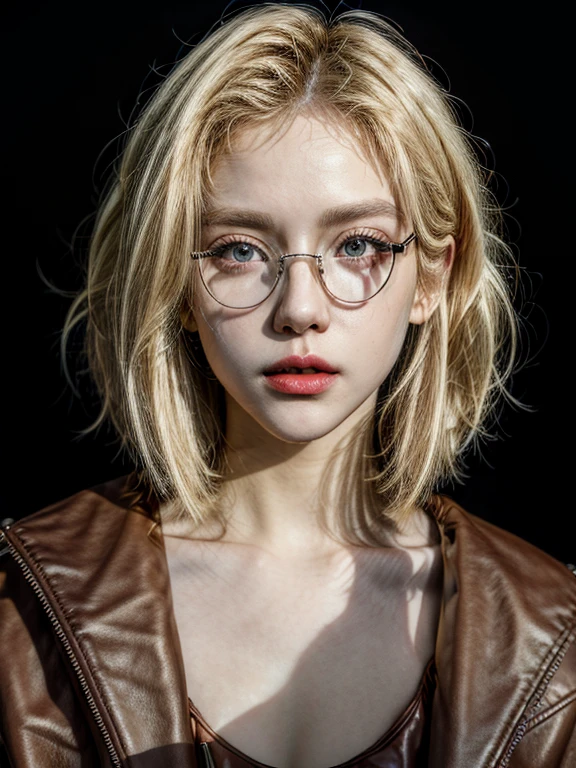 masterpiece，Best quality at best，A high resolution，8K，((Portrait)),1girl,short blonde hair,thick chest,golden glasses, thick lips,red lips,light open her mouth,black tank top,leather jacket,upper body