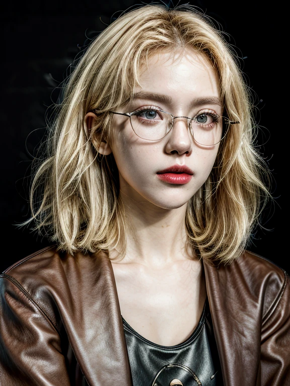 masterpiece，Best quality at best，A high resolution，8K，((Portrait)),1girl,short blonde hair,thick chest,golden glasses, thick lips,red lips,light open her mouth,black tank top,leather jacket,upper body