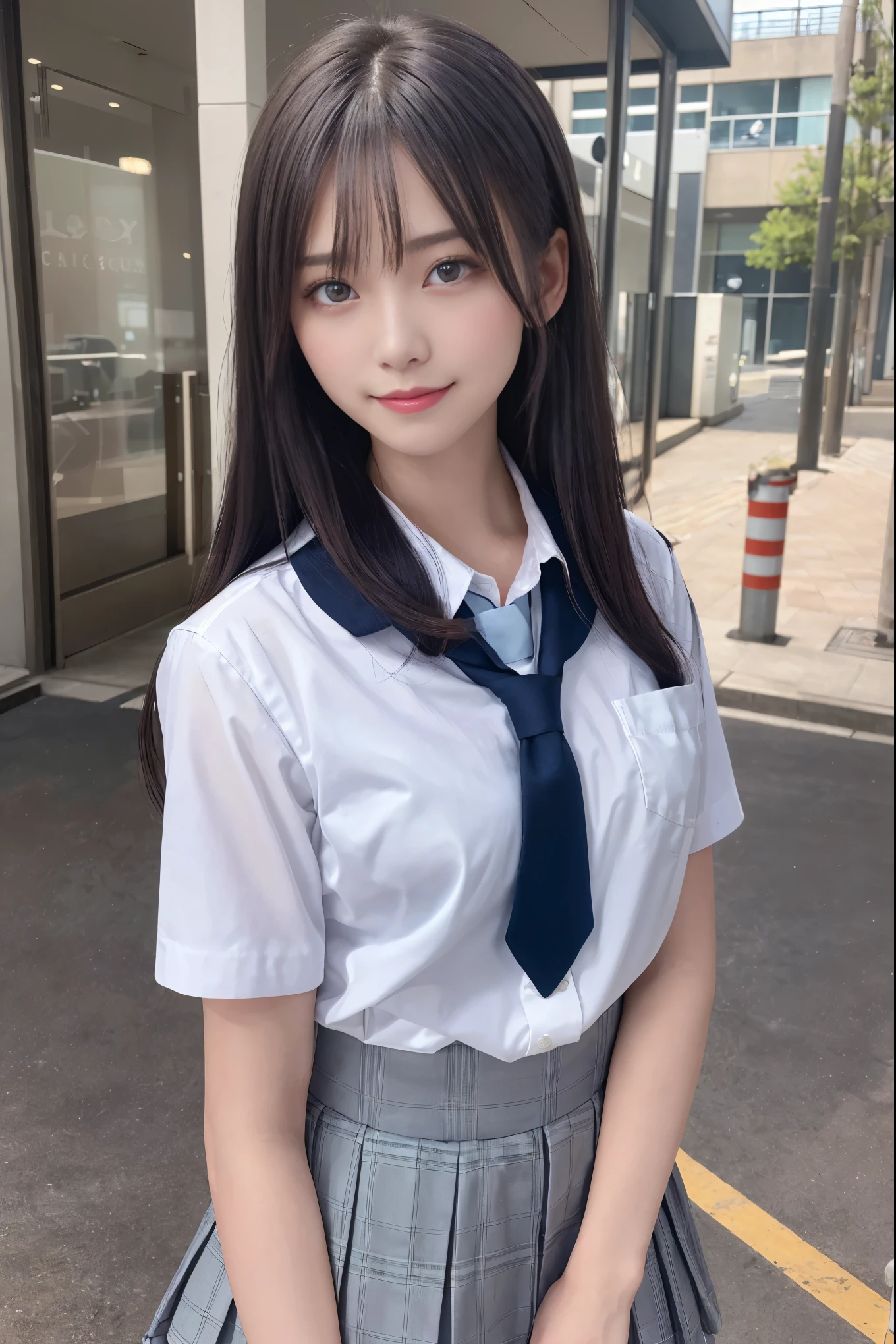 8K,highest quality, Tabletop, Very detailed, 超A high resolution, Realistic, Raw photo, Absurd, Absolute Resolution, 1 girl, Upper body shot, Watching the audience,Young beautiful Japanese woman, Super cute face, Gorgeous appearance, big breasts,Long Bob Hair,smile,(school uniform:1.3),Beautiful Eyes,(It's windy:1.3), 混雑した道をsmileで歩く,Glossy lips, Double eyelids on both eyes, Natural Makeup, Long eyelashes, 艶やかで滑らかなライトブラウンのLong Bob Hair, Asymmetrical bangs, Glowing Skin, Center image, High resolution, High Detail, Detailed hairstyle, Detailed face, Great cinema lighting, Octane Rendering, Vibrant, 超Realistic, Perfect limbs, Perfect Anatomy