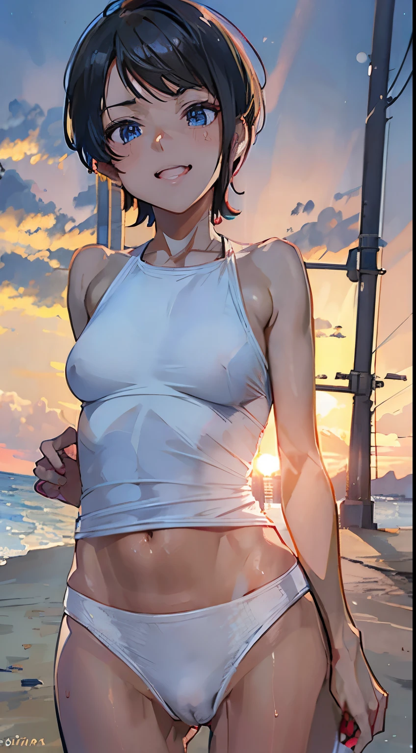 Exposed female genitalia, ,The crotch is exposed,Tanned girl in a swimsuit standing on the beach、short hair,Baby Face,Illuminated by the setting sun,Beautiful sunset,Look at the viewer and smile、Flat Chest,Put your arms behind your back