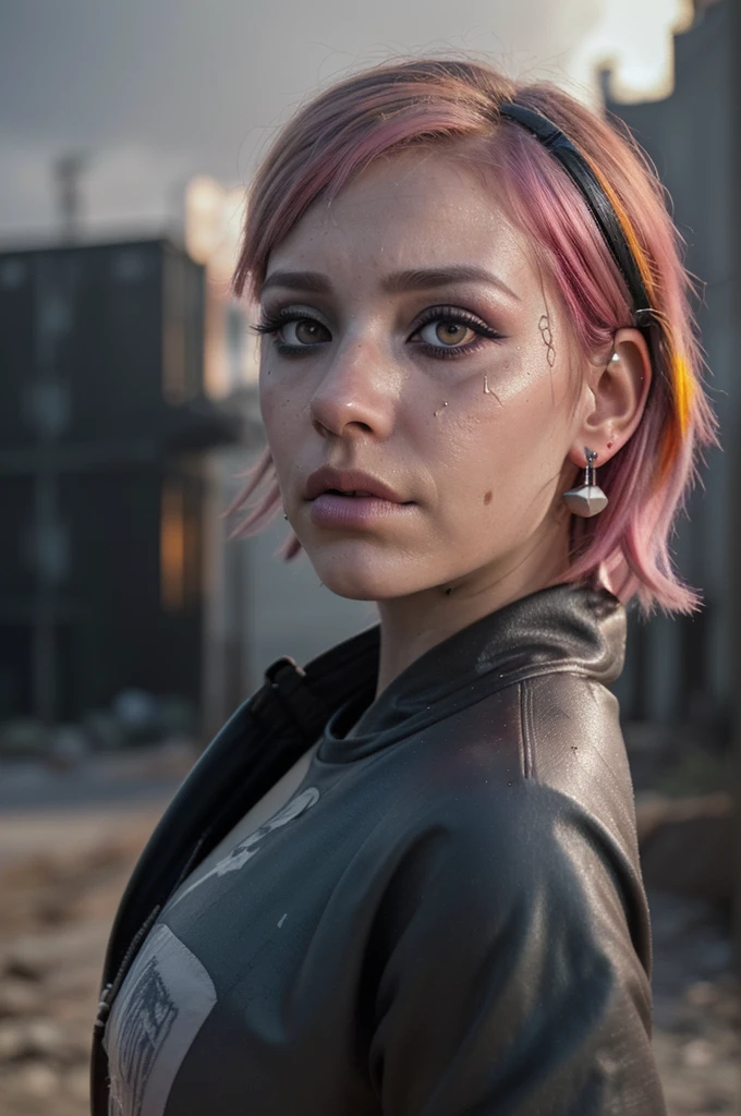 ((Best quality, 8k, Masterpiece: 1.3, realistic)), ((5120x1440)), Sharp focus: 1.2, "((Human Anatomy))", 30 year old woman, big breasts, ((Pink hair with orange/blue highlights)), Zombie apocalypse, Pistol holster strapped to leg, Assault rifle M4 on back, Machete in left hand, Desert Eagle Pistol in Right hand, backdrop of city burning, Looking at viewer, Dark and gloomy day, raining, sunset, depth of field, (special attention to skin detail: 1.2), Detailed leather texture, skin pores. Smoky atomsphere, (pale skin), (Ultra detailed face and eyes:1.3), Adult, ((Eye makeup, pink mascara)), ((large detailed lips)) (((ultra realistic))), masterpiece, Small nose,