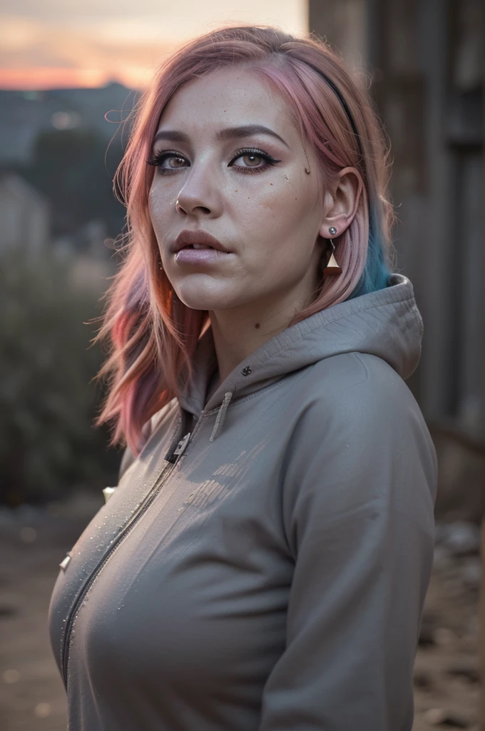 ((Best quality, 8k, Masterpiece: 1.3, realistic)), ((5120x1440)), 30 year old woman, ((Pink hair with orange/blue highlights)), Zombie apocalypse, Pistol holster strapped to leg, Assault rifle M4 on back, Machete in left hand, Desert Eagle Pistol in Right hand, Cargo pants, Hoodie, BodyArmor, backdrop of city burning, Looking at viewer, Dark and gloomy day, raining, sunset, depth of field, Detailed leather texture, skin pores. Smoky atomsphere, (pale skin),  ((Eye makeup, pink mascara)), ((large detailed lips)) (((ultra realistic))), masterpiece, Small nose, Sharp focus: 1.2, Multiple Ear Piercings, right side stud nose piercing, plain skin, Taken with, Canon EOS 4000D DSLR Hyperrealistic, photography, skin pores, subsurface scattering, radiant light rays, high resolution, detailed facial features, high detail, sharp focus, soft, aesthetic, very detailed, spooky atmosphere, Adult, smoke in sky, Burning,