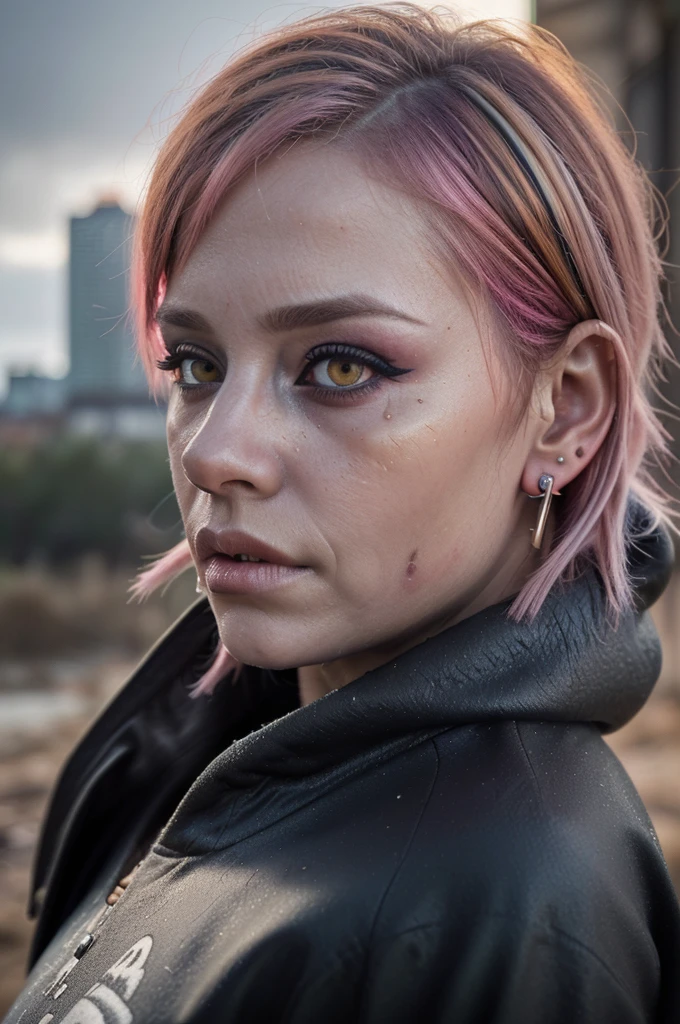 ((Best quality, 8k, Masterpiece: 1.3, realistic)), ((5120x1440)), 30 year old woman, ((Pink hair with orange/blue highlights)), Zombie apocalypse, Pistol holster strapped to leg, Assault rifle M4 on back, Machete in left hand, Desert Eagle Pistol in Right hand, Cargo pants, Hoodie, BodyArmor, backdrop of city burning, Looking at viewer, Dark and gloomy day, raining, sunset, depth of field, Detailed leather texture, skin pores. Smoky atomsphere, (pale skin),  ((Eye makeup, pink mascara)), ((large detailed lips)) (((ultra realistic))), masterpiece, Small nose, Sharp focus: 1.2, Multiple Ear Piercings, right side stud nose piercing, plain skin, Taken with, Canon EOS 4000D DSLR Hyperrealistic, photography, skin pores, subsurface scattering, radiant light rays, high resolution, detailed facial features, high detail, sharp focus, soft, aesthetic, very detailed, spooky atmosphere, Adult, smoke in sky, Burning,