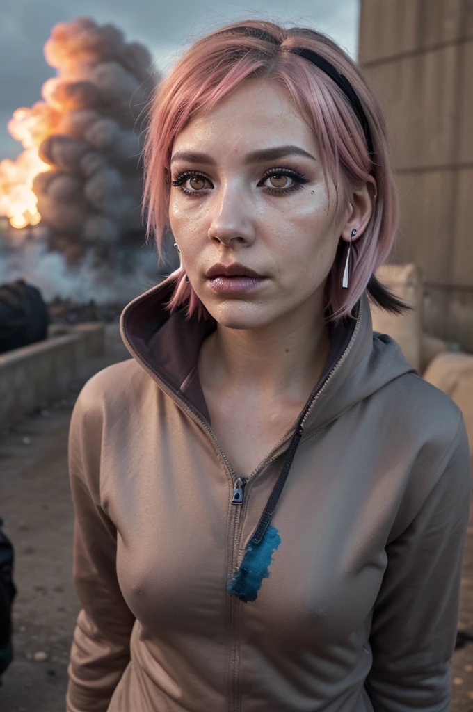 ((Best quality, 8k, Masterpiece: 1.3, realistic)), ((5120x1440)), 30 year old woman, ((Pink hair with orange/blue highlights)), Zombie apocalypse, Pistol holster strapped to leg, Assault rifle M4 on back, Machete in left hand, Desert Eagle Pistol in Right hand, Cargo pants, Hoodie, BodyArmor, backdrop of city burning, Looking at viewer, Dark and gloomy day, raining, sunset, depth of field, Detailed leather texture, skin pores. Smoky atomsphere, (pale skin), ((Eye makeup, pink mascara)), ((large detailed lips)) (((ultra realistic))), masterpiece, Small nose, Sharp focus: 1.2, Multiple Ear Piercings, right side stud nose piercing, plain skin, Taken with, Canon EOS 4000D DSLR Hyperrealistic, photography, skin pores, subsurface scattering, radiant light rays, high resolution, detailed facial features, high detail, sharp focus, soft, aesthetic, very detailed, spooky atmosphere, Adult, smoke in sky, Burning,