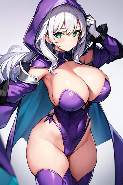 1girl, white hair, purple cape, purple hood, hood up, leotard, long hair, breasts, large breasts, thick thighs, wide hips, hourglass figure, smile, green eyes, purple leotard, purple robe, robe, thighhighs, purple thighhighs, mature female, cleavage cutout, cleavage, (shoulder pads), (shoulder spikes), shoulder armor, (shoulder armor), gloves,