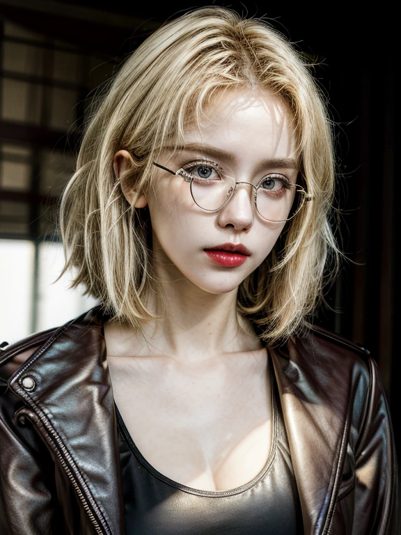 masterpiece，Best quality at best，A high resolution，8K，((Portrait)),1girl,short blonde hair,golden glasses, thick lips,red lips,light open her mouth,black tank top,leather jacket,upper body,big breast