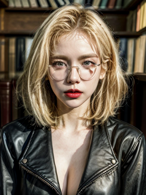 masterpiece，Best quality at best，A high resolution，8K，((Portrait)),1girl,short blonde hair,golden glasses, thick lips,red lips,light open her mouth,black tank top,leather jacket,upper body,big breast