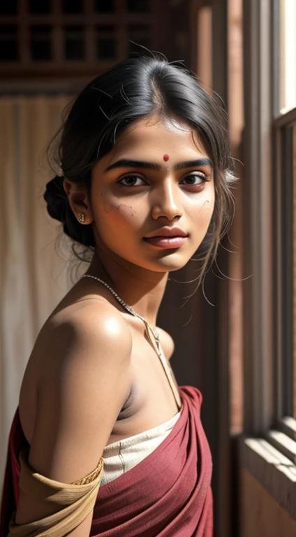 young Indian girl, 18-year-old,  gentle sun lighting on face , village mood , old cloths about to get ripped , village girl vibe, intricate facial details, full body picture, cinimatic pose flawless complexion, top-notch 3D rendering, hyper-realistic, shot on Indian road. photorealistic digital art trending on Artstation 8k HD high definition detailed realistic, detailed, skin texture, hyper detailed, realistic skin texture, armature, best quality, ultra high res, (photorealistic:1.4),, high resolution, detailed, raw photo, 400 camera f1.6 lens rich colors hyper realistic lifelike texture dramatic lighting unrealengine trending on artstation cinestill 800