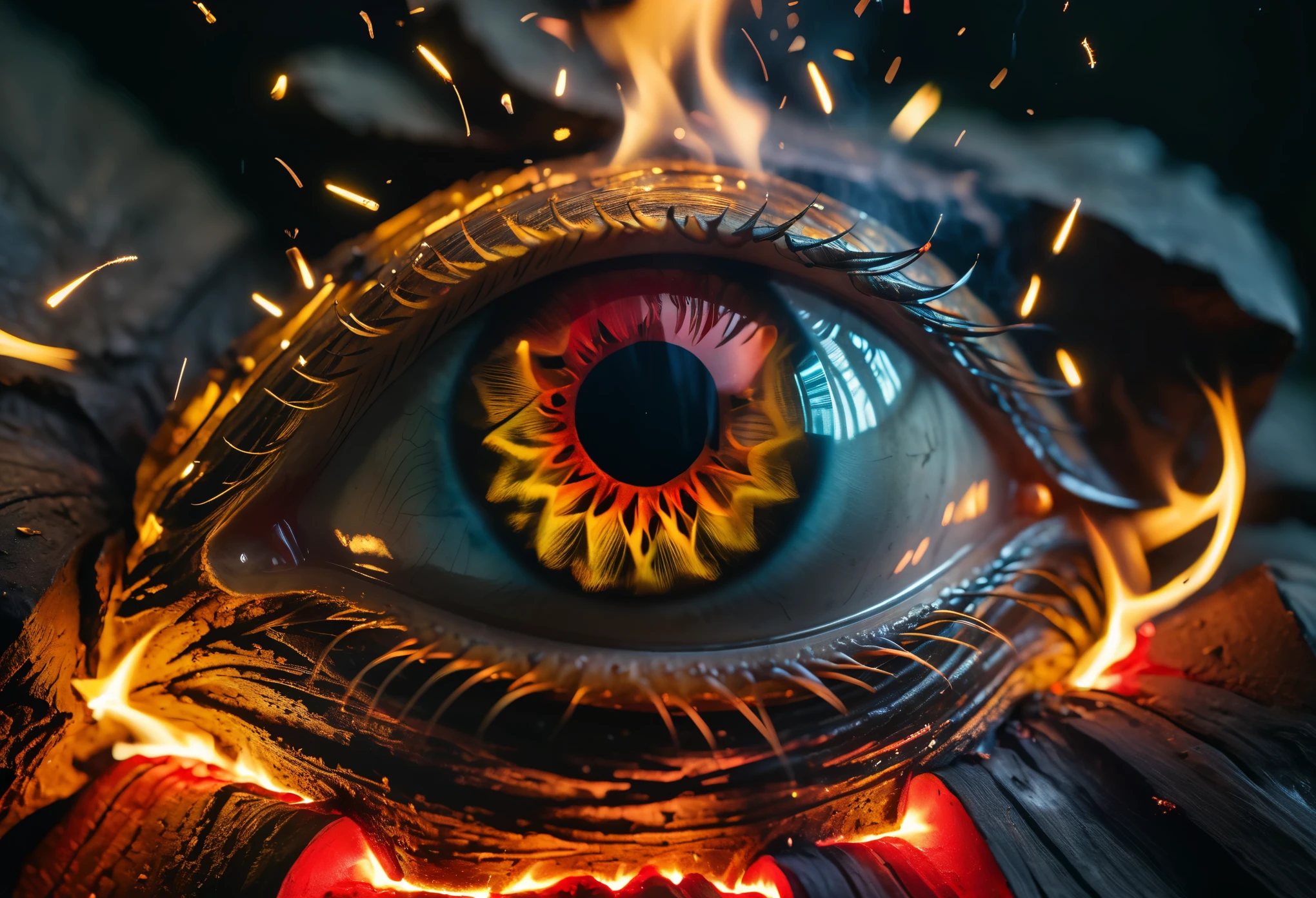 photograph taken by a professional photographer: 1.6, awarded by national geographic: 1.7, at night, ((only 1 eye, only the iris: 1.6 super close-up, only the iris in detail: 1.6)), (((pay attention, important in the reflection of the eye a campfire is seen:1.7, red and yellow fire, sparks:1.6))), high-quality image:1.3, realistic look, high-resolution photography, 8k, full-frame matrix, deep shadows, ((one character)), (intricate details, subsurface scattering, hyper detailed: 1.15), (hyperrealism, volumetric lighting, sharp: 1.5) Fujifilm, hyper detailed, vibrant, well-defined lights and shadows)). at night, without text: 1.3. 32k.