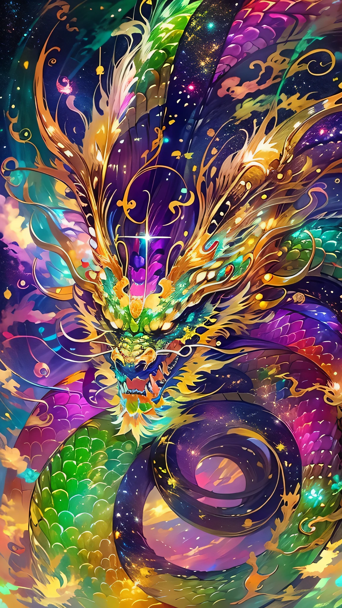 Golden Dragon。Rainbow glowing scales。The dragon god is coming。Golden Splash、Milky Way、god々々right、Staring straight ahead