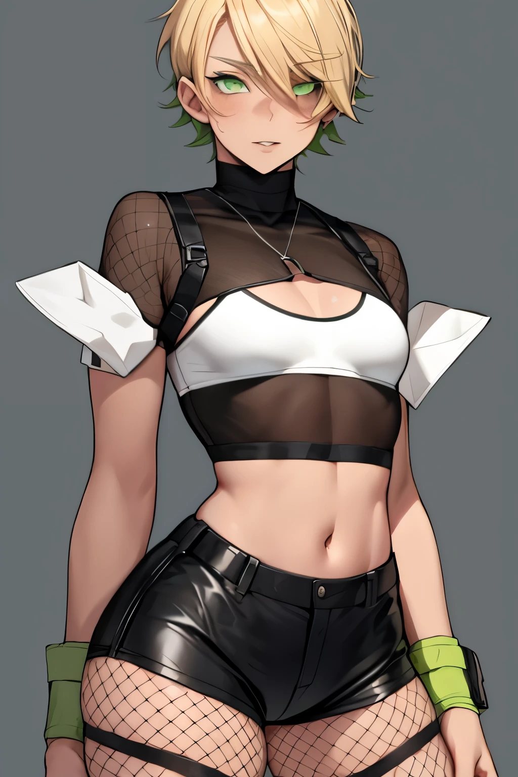 Single boy, Anime Femboy, Short, short blonde hair, green eyes, wearing hotpants, thigh high fishnets, crop top, flat chest, super flat chest, solo femboy, only one femboy ((FLAT CHEST)) solo, alone, (SOLO)(ALONE) thicc thighs, wide hips, perfect eyes, perfect face, pouty lips, happy, curvy, sparkly green eyes