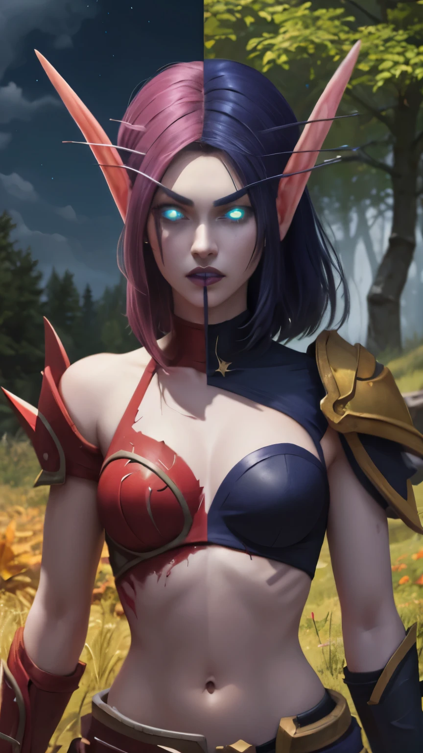 (Masterpiece, highly detailed, highly quality,  highly resolutions), SplitScreen, split screen, BREAK nightelf, angry, clenched teeth, scars on face, glowing eyes, blue eyes, Purple Hair, colored skin, mature female, purple midriff, navel, purple spike shoulder pad, platinum trim, green leaves, looking at viewer, forest, night, bare shoulders, spring season, SplitScreen, split screen, BREAK bldelf, angry, clenched teeth, blood strains on faces, glowing eyes, yellow eyes, Blonde hair, colored sclera, mature female, red short shirt, navel, red shoulder pad, gold trim, yellow leaves, looking at viewer, forest, day, bare shoulders, Fall season