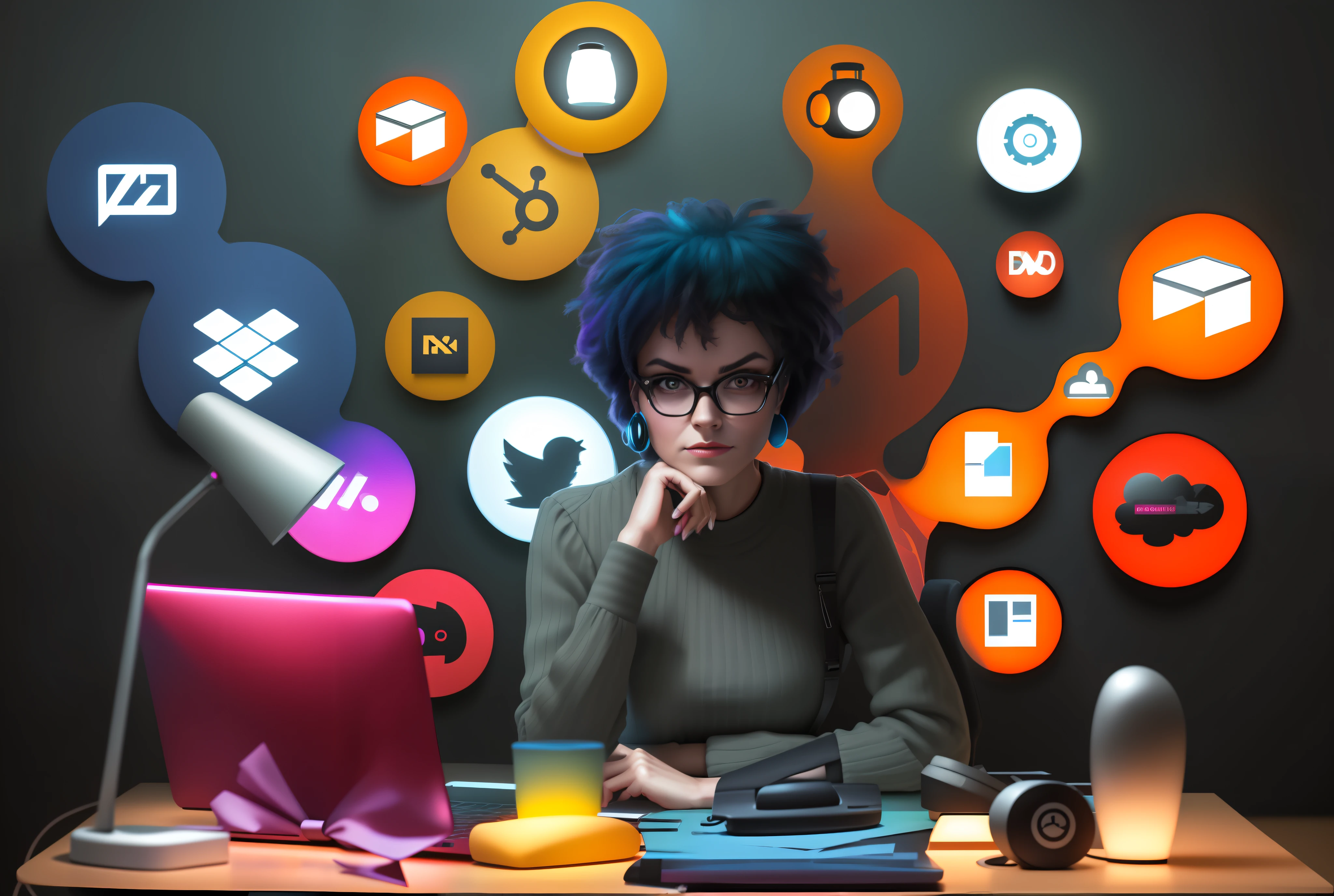 woman sitting at a table with a laptop and a lamp, ad image, integration with technology, imagem impressionante, vibrante e poderoso, integrar insanamente, vibrant and dynamic, em um fundo escuro, exploitable image, integrar insanamente details, publicity photo, foto de retrato, promo image, centro focado, avatar para site, profissional, vista ampla, assuma o controle de seus dados