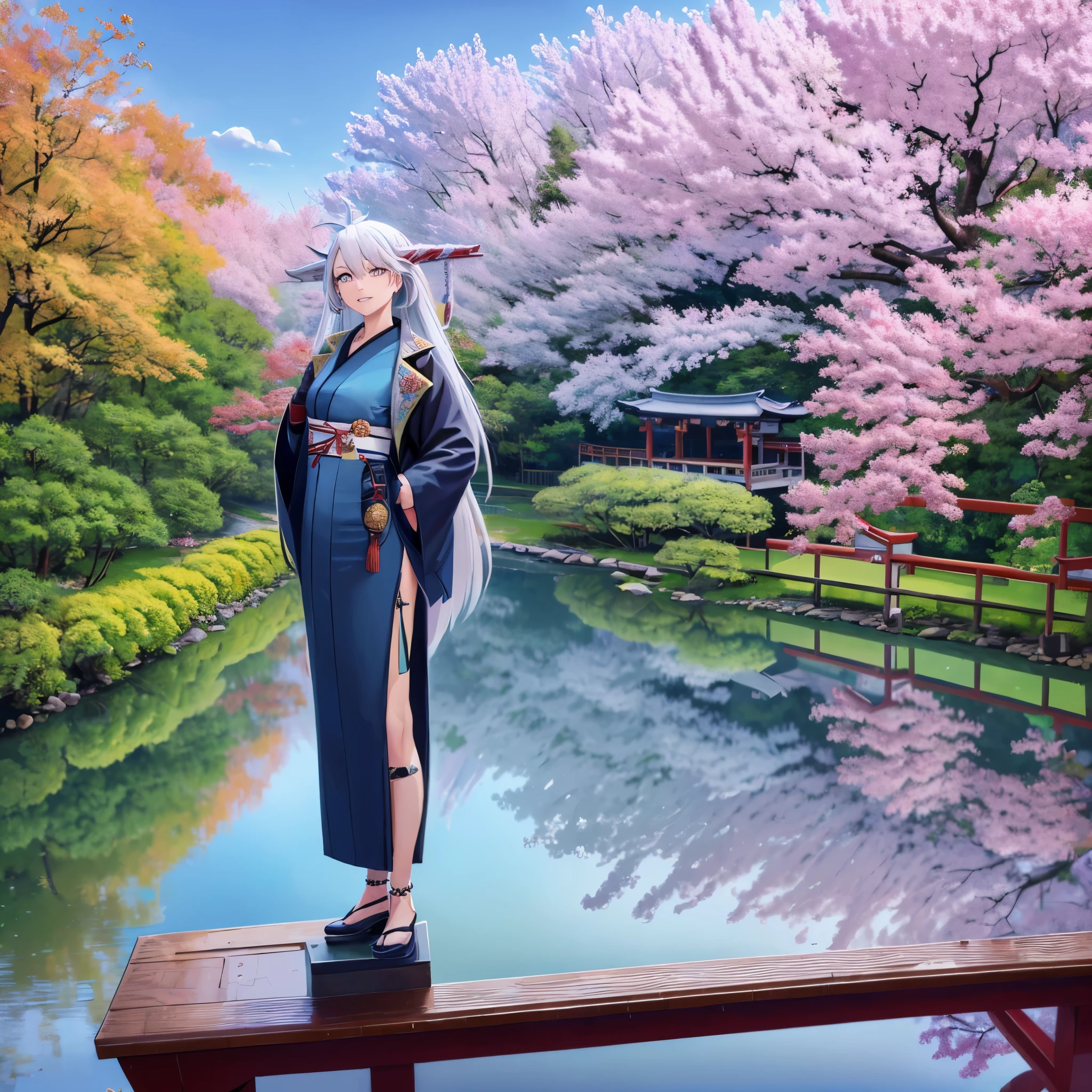 A (((woman in a traditional Japanese blue kimono))), with long, flowing silver hair and striking, mirrored eyes, standing on a ((traditional Japanese bridge)) overlapping with a (autumnal backdrop of trees, leaves, and a Japanese garden below), set against a backdrop of a (concrete road) and a gorgeous, cloudy sky, HDR, ultra resolution, well defined, masterpiece, 8K HD. (solo woman)
