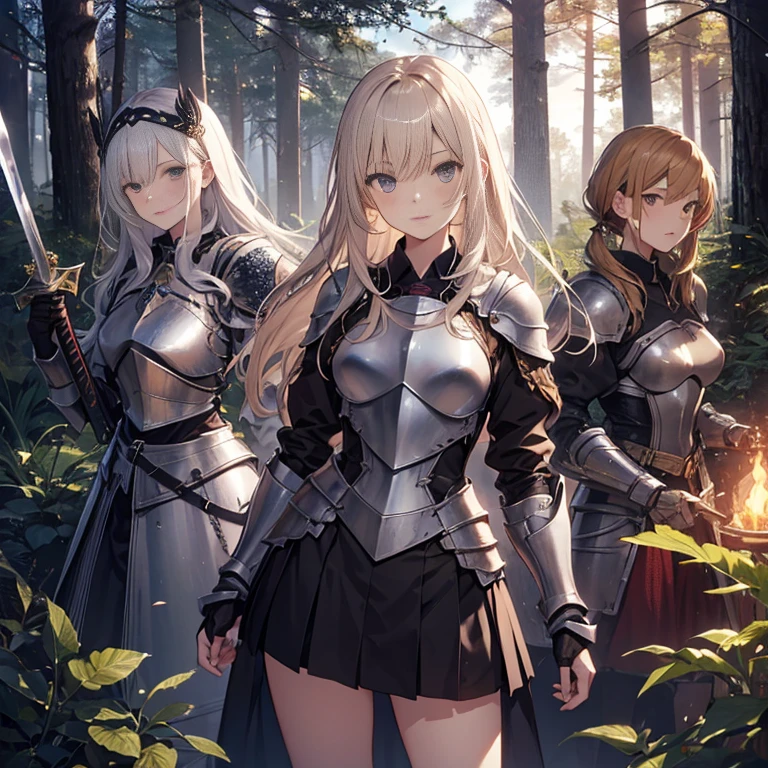 A group of  female knights, (in forest), various hair styles, harem, wearing armored clothes, metal armor, night, details face, short skirt, seducing, sword,