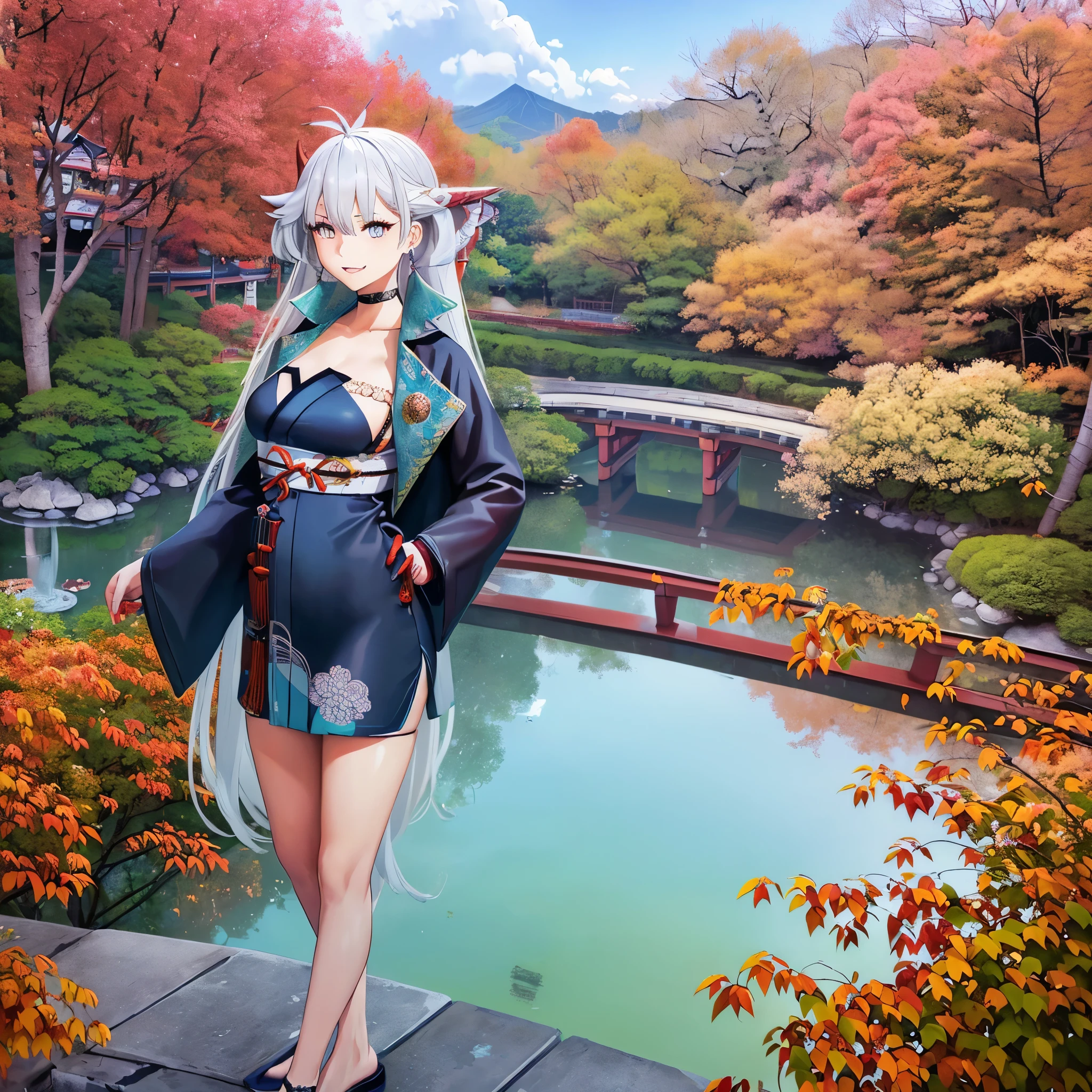 A (((woman in a traditional blue Japanese kimono))), with long flowing silver hair and striking mirrored eyes, standing on a ((traditional Japanese bridge)), short skirt, large breasts, superimposed on a (backdrop autumnal landscape of trees, leaves and a Japanese garden below), with the backdrop of a (concrete road) and a beautiful cloudy sky