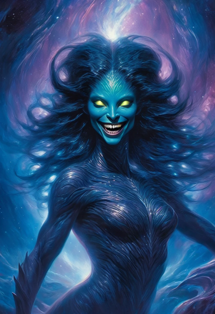(High resolution,realistic,sharp focus),Humanoid alien creature with a vertically split face forming a mouth shape,beautiful woman like predatory creature,Alien/monster hybrid,scary hunter,[cosmic,extraterrestrial] There is organic matter,otherworldly predator,beyond life,beautiful wavy long black hair,shining eyes,intense sight,[elegant,grace],enchanting facial features,[sharp,pointed,elongated] teeth,[toxic,toxic] tooth,intense,enchanting smile,Smooth yet muscular body,[curve,shape] There is a ghostly acquaintance,[grace,Towering],Alien skin texture resembling iridescent scales,[ethereal,luminescent] shine,[Evil,Unlucky] aura,Slurping,bipedal walking,[tranquility,predatory] enchanting footsteps,(hypnotic dance),[spooky,Unforgettable] graceful,contrasting colors,[darkness,Shadow] (hugging a living thing),Cosmic Horror,Dystopian background landscape,[cosmic,Milky Way] background, celestial bodies,pulsating clouds,[extraterrestrial,surreal] vegetation, [filtering,caress] scene,dramatic chiaroscuro lighting,penetrating the darkness,Create an intimate yet frightening atmosphere.