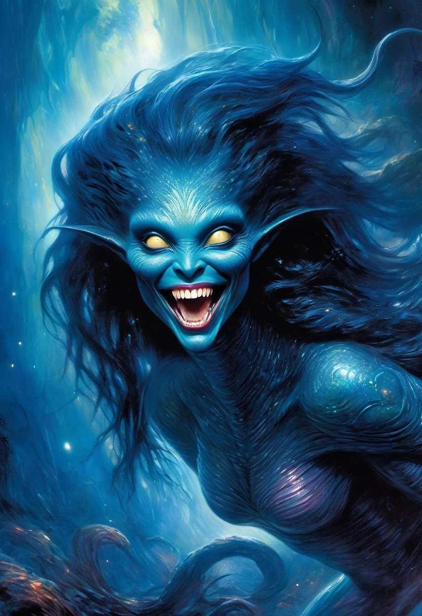 (High resolution,realistic,sharp focus),Humanoid alien creature with a vertically split face forming a mouth shape,beautiful woman like predatory creature,Alien/monster hybrid,scary hunter,[cosmic,extraterrestrial] There is organic matter,otherworldly predator,beyond life,beautiful wavy long black hair,shining eyes,intense sight,[elegant,grace],enchanting facial features,[sharp,pointed,elongated] teeth,[toxic,toxic] tooth,intense,enchanting smile,Smooth yet muscular body,[curve,shape] There is a ghostly acquaintance,[grace,Towering],Alien skin texture resembling iridescent scales,[ethereal,luminescent] shine,[Evil,Unlucky] aura,Slurping,bipedal walking,[tranquility,predatory] enchanting footsteps,(hypnotic dance),[spooky,Unforgettable] graceful,contrasting colors,[darkness,Shadow] (hugging a living thing),Cosmic Horror,Dystopian background landscape,[cosmic,Milky Way] background, celestial bodies,pulsating clouds,[extraterrestrial,surreal] vegetation, [filtering,caress] scene,dramatic chiaroscuro lighting,penetrating the darkness,Create an intimate yet frightening atmosphere.