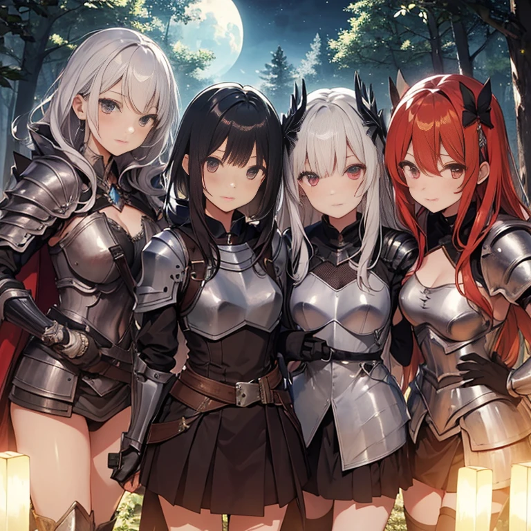 A group of female knights, (in forest), various hair styles, harem, wearing armored clothes, metal armor, night, details face, short skirt, seducing, sword,