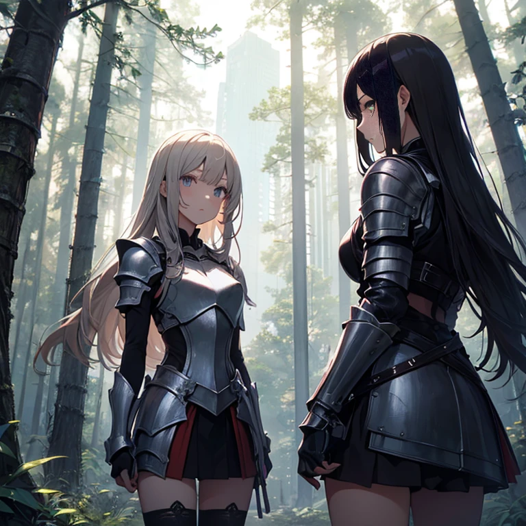 A group of  female knights, (in forest), various hair styles, harem, wearing armored clothes, metal armor, night, details face, short skirt, seducing, sword,