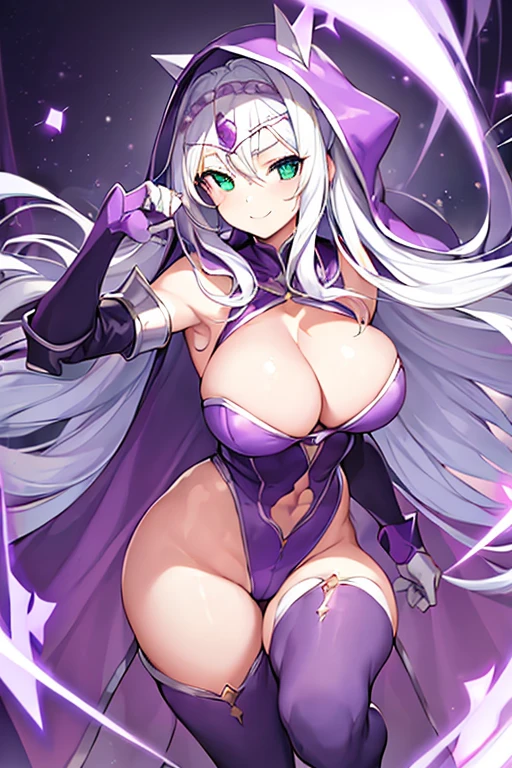 1girl, white hair, purple cape, purple hood, hood up, leotard, long hair, breasts, large breasts, hourglass figure, smile, green eyes, purple leotard, purple robe, robe, thighhighs, purple thighhighs, mature female, cleavage cutout, cleavage, ((shoulder pads)), shoulder pads, shoulder armor, gloves, forehead, ((forehead))