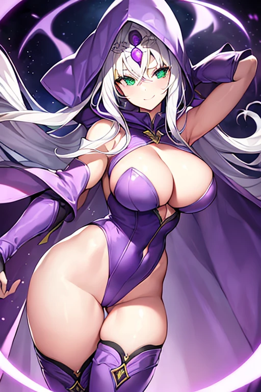 1girl, white hair, purple cape, purple hood, hood up, leotard, long hair, breasts, large breasts, hourglass figure, smile, green eyes, purple leotard, purple robe, robe, thighhighs, purple thighhighs, mature female, cleavage cutout, cleavage, ((shoulder pads)), shoulder pads, shoulder armor, gloves, forehead, ((forehead))