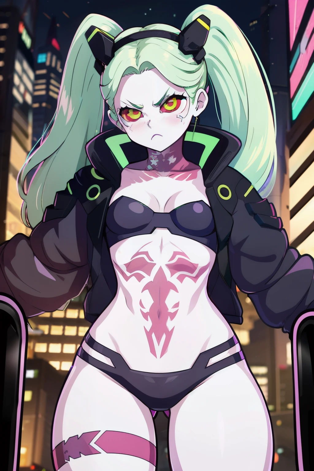 absurdres, highres, ultra detailed, rebecca, , solo, green hair, red sclera, pink tattoo, purple lips, twintails, hairband, headgear, black jacket, open clothes, black bra , looking at viewer, angry face , city, night sexy . Pantie black  , long socks. Standing front. 