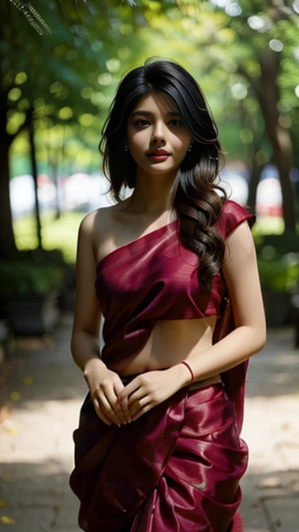 (((desi girl))), chubby face, natural skin, wearing red bridal saree, charming black hair, ((hair ends are blonde)), greenary village background, bokeh