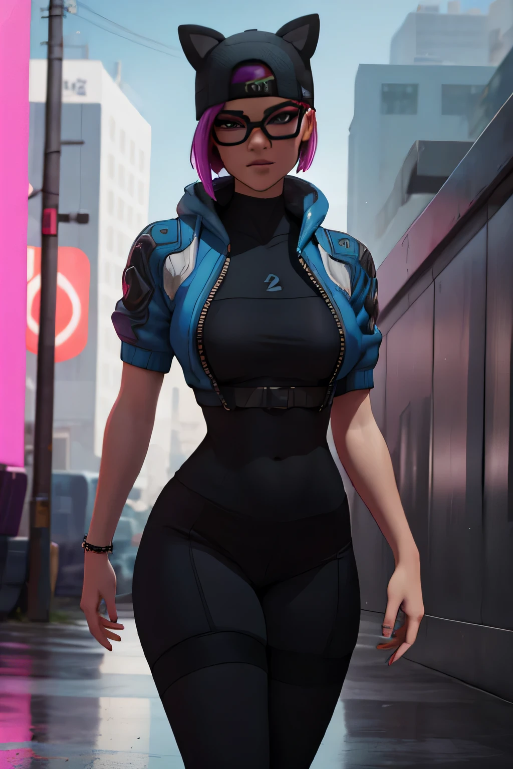 standing, mirando al espectador, Extremadamente detallado, Ojos finos, sonrisa,dynamic pose, pelo corto rosa, gorro ,chaqueta negra ,guante sin dedos,con curvas, anteojos, leggins grises Azul, neon