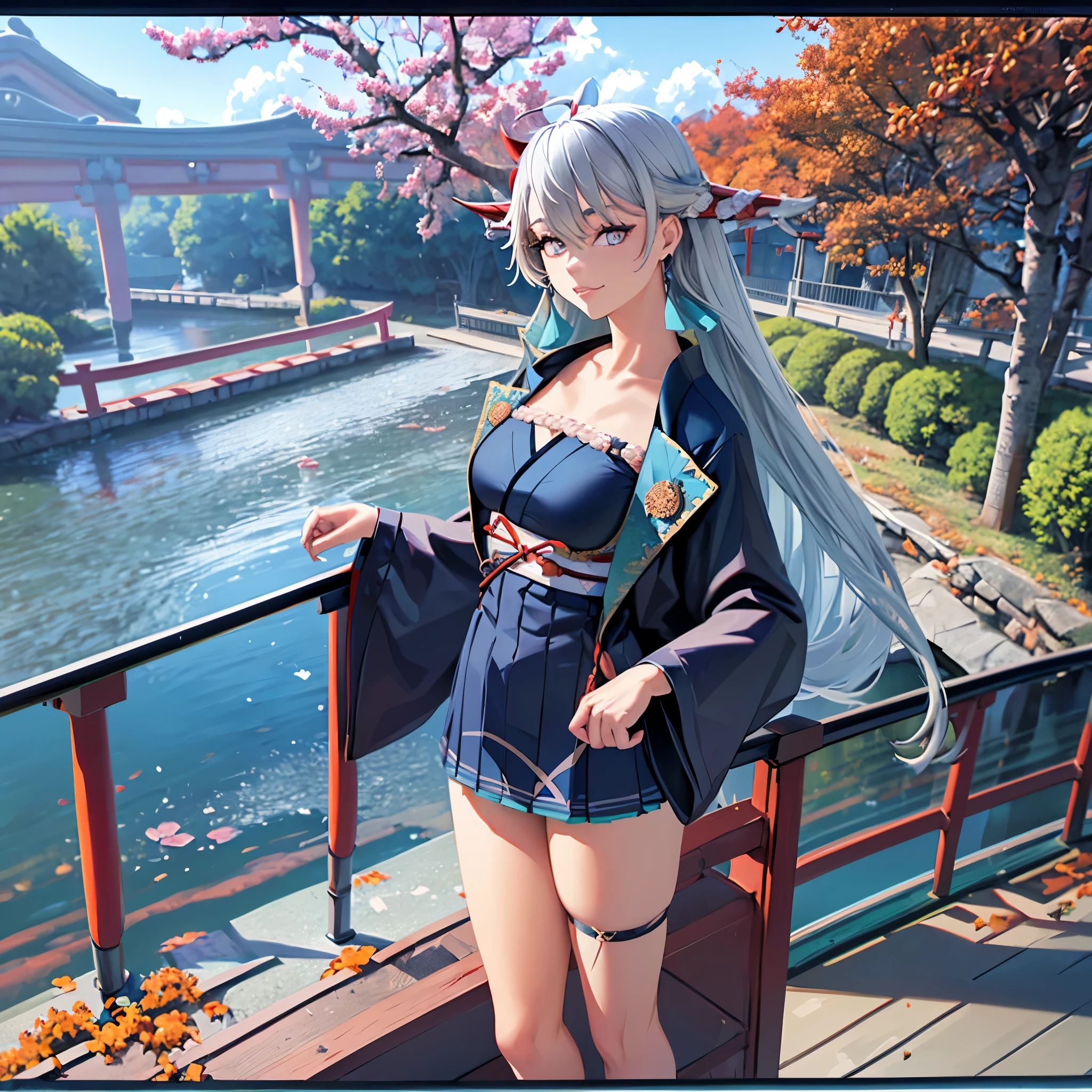 A (((woman in a traditional blue Japanese kimono))), with long flowing silver hair and striking mirrored eyes, standing on a ((traditional Japanese bridge)), short skirt, large breasts, superimposed on a (backdrop autumnal landscape of trees, leaves and a Japanese garden below), with the backdrop of a (concrete road) and a beautiful cloudy sky
