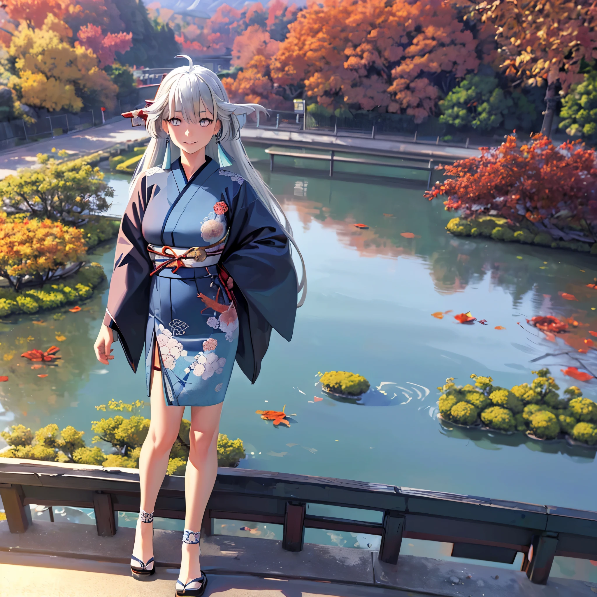 A (((woman in a traditional blue Japanese kimono))), with long flowing silver hair and striking mirrored eyes, standing on a ((traditional Japanese bridge)), short skirt, large breasts, superimposed on a (backdrop autumnal landscape of trees, leaves and a Japanese garden below), with the backdrop of a (concrete road) and a beautiful cloudy sky
