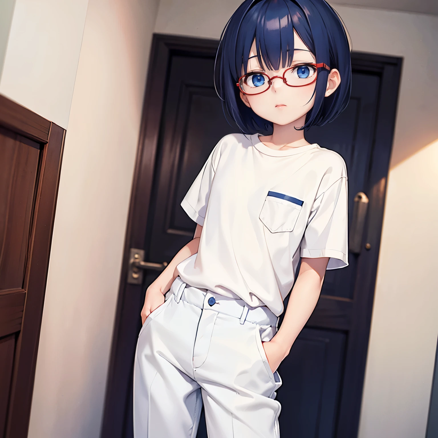 Dark blue hair, short hair, dark blue eyes, white shirt, white pants, baggy pants, shirt tucked in, red glasses, small, short, little, young, flat, emotionless, expressionless, , kuudere, calm, standing, room