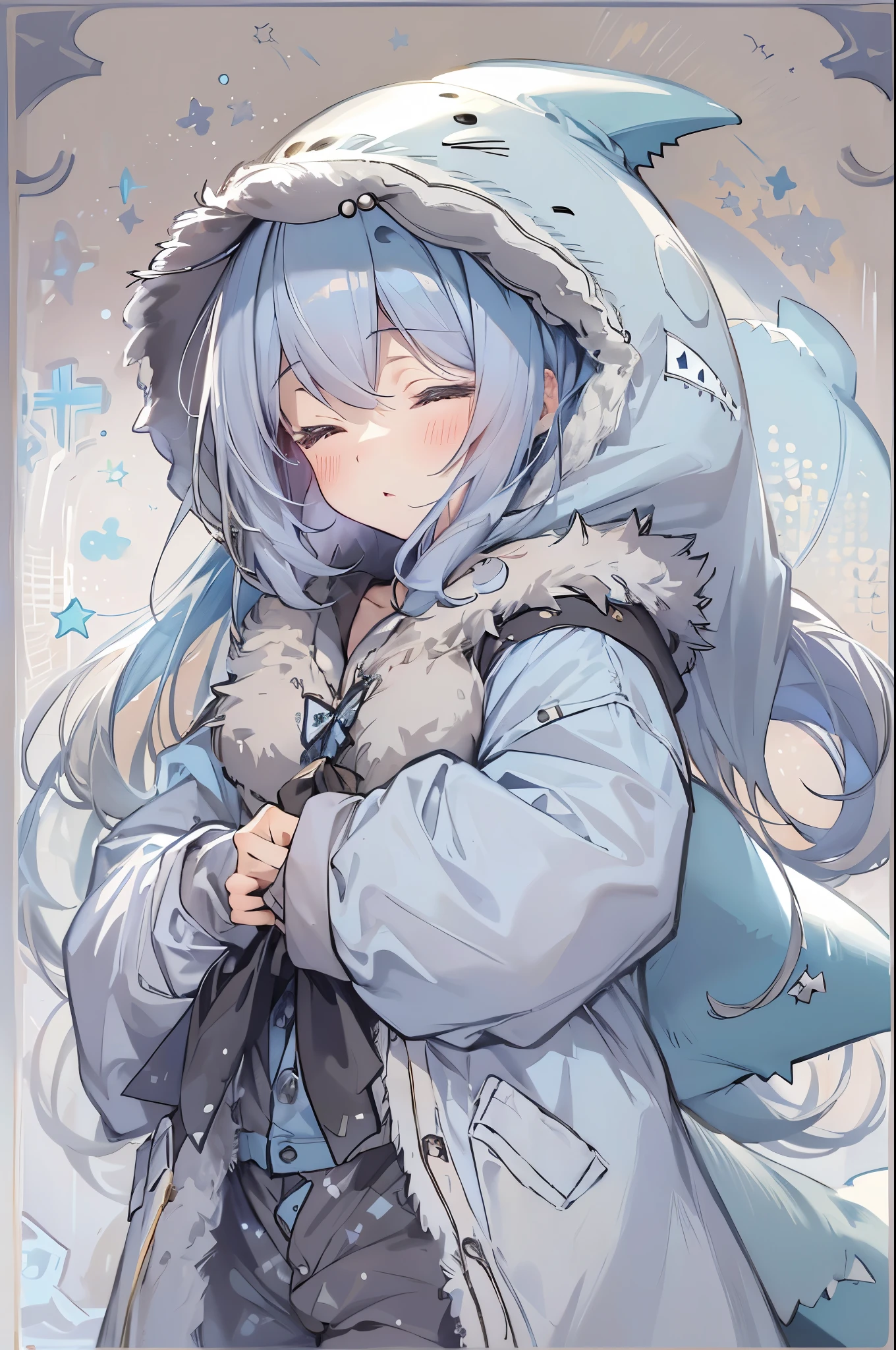 a bit, Nendoroid, ((Worst quality, low quality)), ((close), profile,1.5 Left Facing), (10 year old girl), Gray Hair, (Fluffy shark costume pajamas:1.4), (Open Income:1.2), (Pale light blue pajamas:1.4), Animal Hoodie, (Hooded:1.Under the hoodie, Oversized hoodie, Five Fingers, Perfect hands, 深Bedroom at nightの背景, Sleep on the bed、Stick out your hand、Pose that you want to hug、highest quality,Very detailed, masterpiece,Bedroom at night、Bedroom at night、Sleeping on the bed、Small cleavage、Half-open eyes、sleepy look、