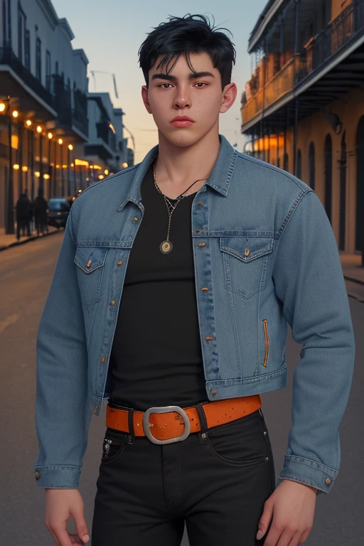 20 year old man, black horse with light blue highlights, jean jacket, orange shirt, black jean pants, black belt, star buckle, slim muscular build, in the background of a New Orleans street at night