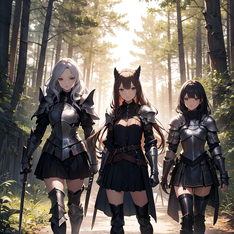 A group of  female knights, (in forest), various hair styles, harem, wearing armored clothes, metal armor, night, details face, short skirt, seducing, sword,