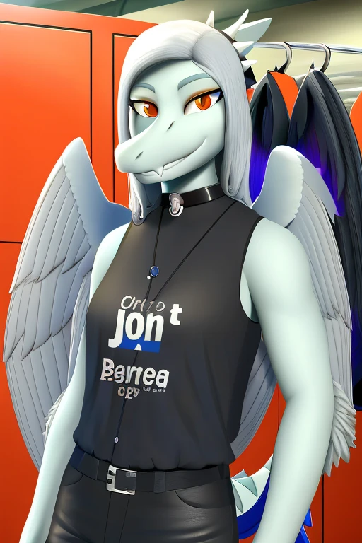 Fang, female, Dinosaur, pterodactylus, scalie, portrait, looking at viewer, walmart background, black clothes, walmart vest, choker, open eyes, wings, hair, hdr, realistic, orange eyes, standing up, smile, Walmart backroom, background, black shirt, blue jeans, blue vest, name tag,
