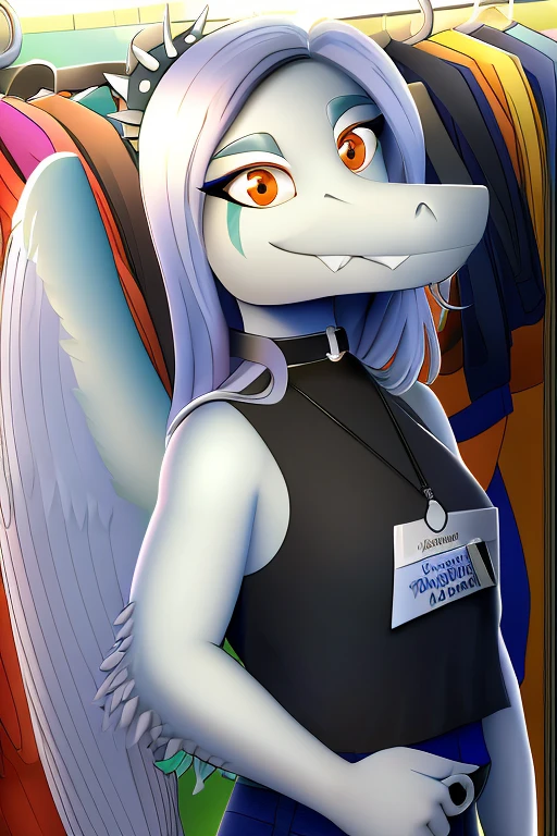 Fang, female, Dinosaur, pterodactylus, scalie, portrait, looking at viewer, walmart background, black clothes, walmart vest, choker, open eyes, wings, hair, hdr, realistic, orange eyes, standing up, smile, Walmart backroom, background, black shirt, blue jeans, blue vest, name tag,
