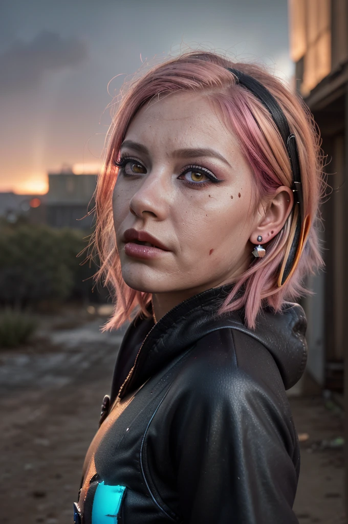 ((Best quality, 8k, Masterpiece: 1.3, realistic)), 30 year old female, ((Pink hair with orange/blue highlights)), Zombie apocalypse, Pistol holster strapped to leg, Desert Eagle Pistol in Right hand, Black Cargo pants, Black coat with hooded, backdrop of city burning, Looking at viewer, Dark and stormy day, raining, sunset, Smoky atomsphere, ((Eye makeup, pink mascara)),  Multiple Ear Piercings, right side stud nose piercing, ((very detailed eyes, very detailed iris)), Taken with Nikon Z 14mm ultra wide-angle, radiant light rays, high resolution, high detail, spooky atmosphere, looking at viewer, smoke in sky, Burning, depth of field, ((she has blood on her with cuts and scratches)),