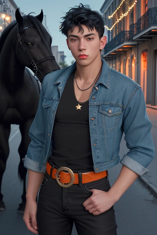 20 year old man, black horse with light blue highlights, jean jacket, orange shirt, black jean pants, black belt, star buckle, slim muscular build, in the background of a New Orleans street at night
