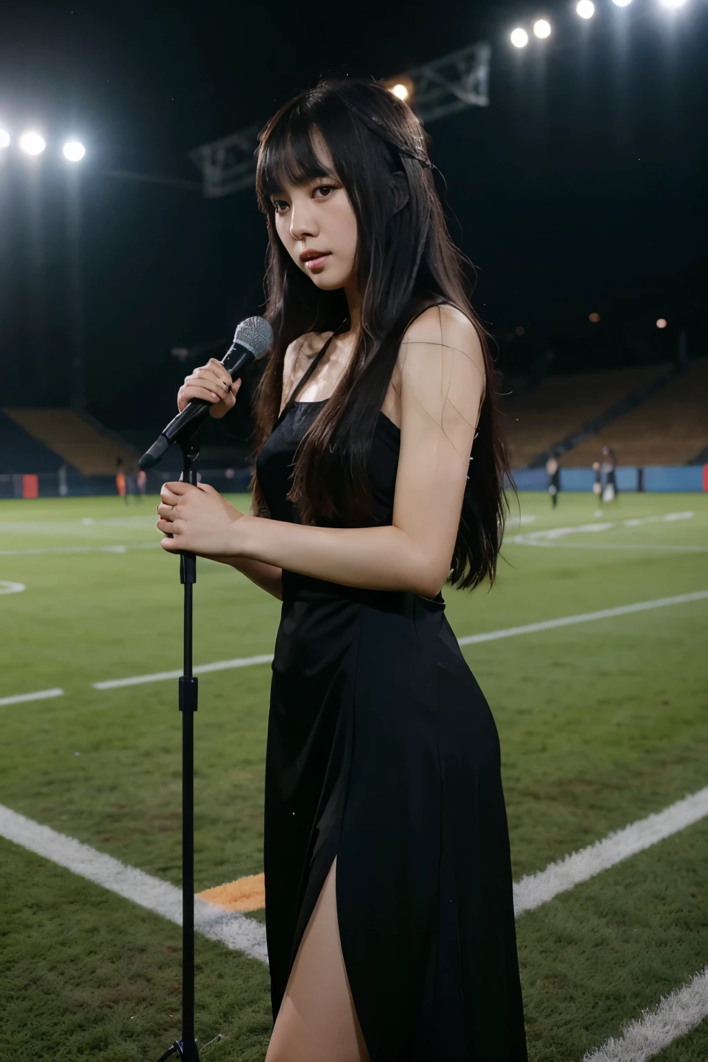 Young teen Korean woman being interviewed after a football match, long black hair, eyebags, standing in a football pitch,being interviewed, young face, one piece long black dress , straight fringe hair, straight bangs, talking to the microphone, elegant dress, talking to the microphone that is being pointed towads her, young face, no aging marks