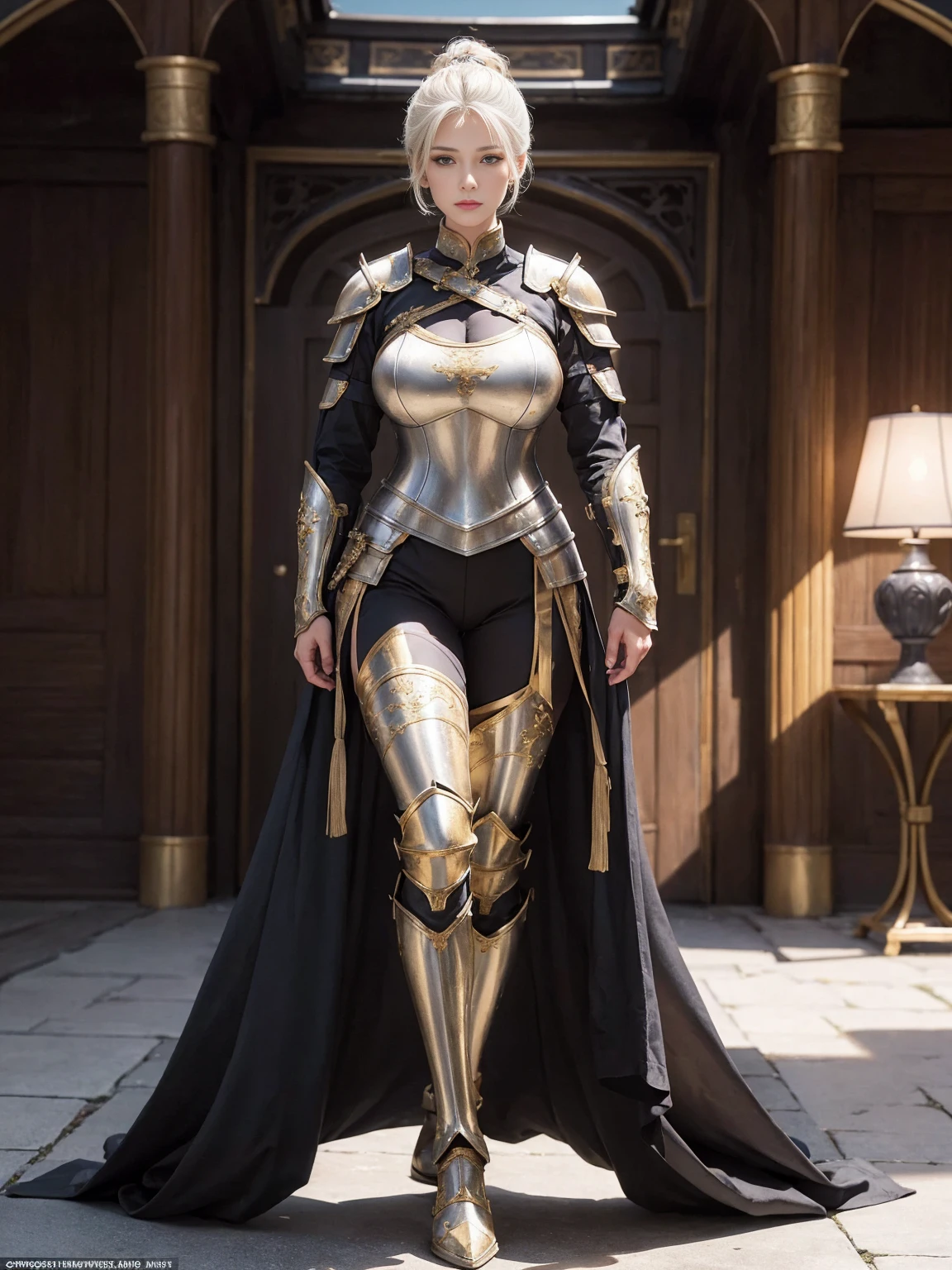 ((1 Full body single woman)) ,(Shooting from front), looking at the camera, centered image, tmasterpiece,A high resolution,Absolutely beautiful,a mature female,European warriors,Fine and detailed eyes and detailed face,Tall and tall,big breast, white short hair with updo,She wears Ornately decorated armor with capes,Full coverage armor,Armor gauntlets, Armor helm, Armor pants,Armor boots,Show armor iron boots、The armor is made in gold、Exquisite details of the armor、decor,Shogun, allure:(Tall:1.4),haughty,Mature temperament,(Wide buttock:1.4),(Thick thighs:1.4),Majesty,Rich scene detail,In the midst of the war,are standing,action