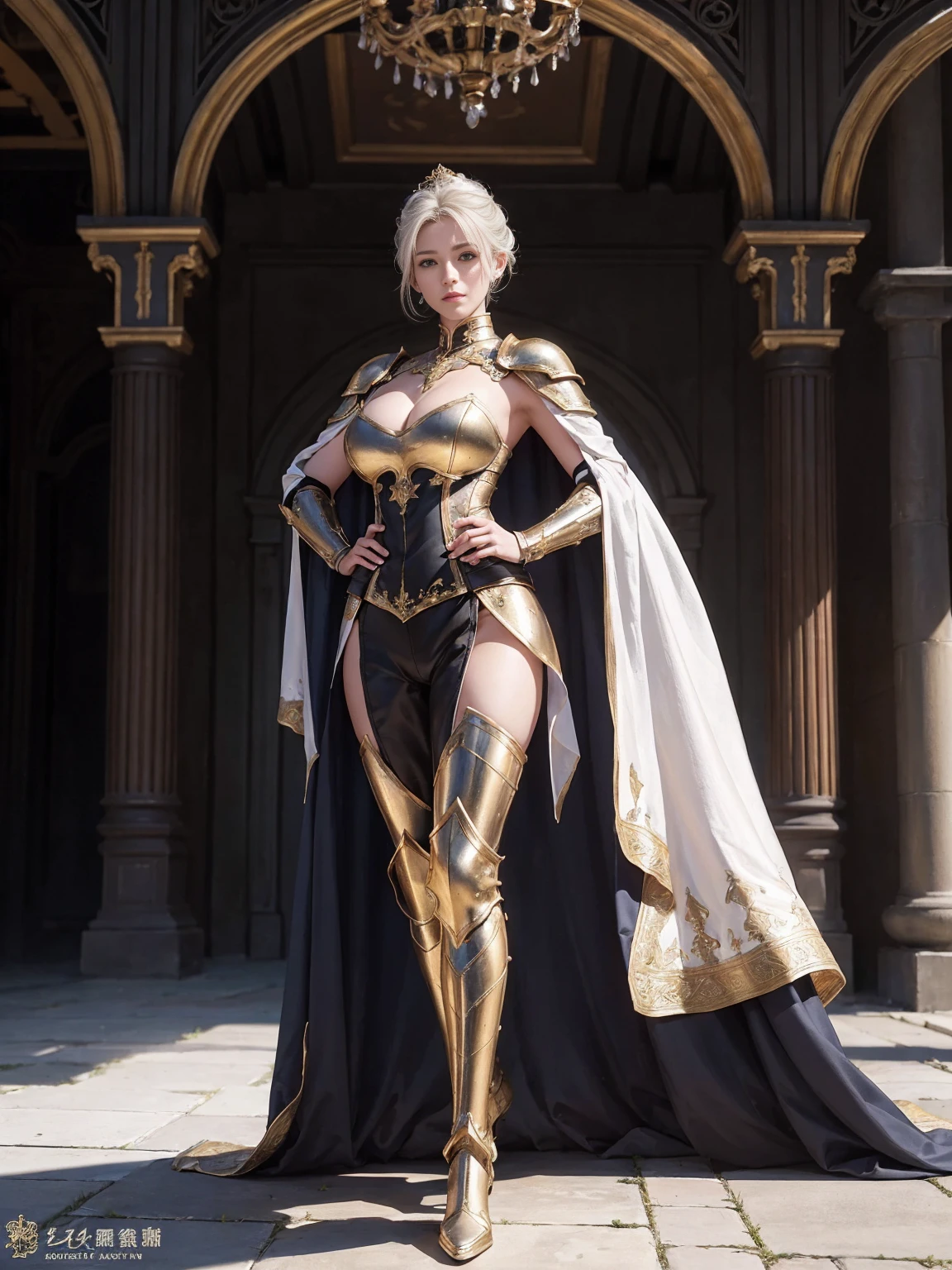 ((1 Full body single woman)) ,(Shooting from front), looking at the camera, centered image, tmasterpiece，A high resolution,Absolutely beautiful，a mature female，European warriors，Fine and detailed eyes and detailed face，Tall and tall，big breast, white short hair with updo，She wears Ornately decorated armor with capes，Full coverage armor，Armor gauntlets, Armor helm, Armor pants，Armor boots，Show armor iron boots、The armor is made in gold、Exquisite details of the armor、decor，Shogun， allure：（Tall：1.4），haughty，Mature temperament，（Wide buttock：1.4），（Thick thighs：1.4），Majesty，Rich scene detail，In the midst of the war，are standing，action